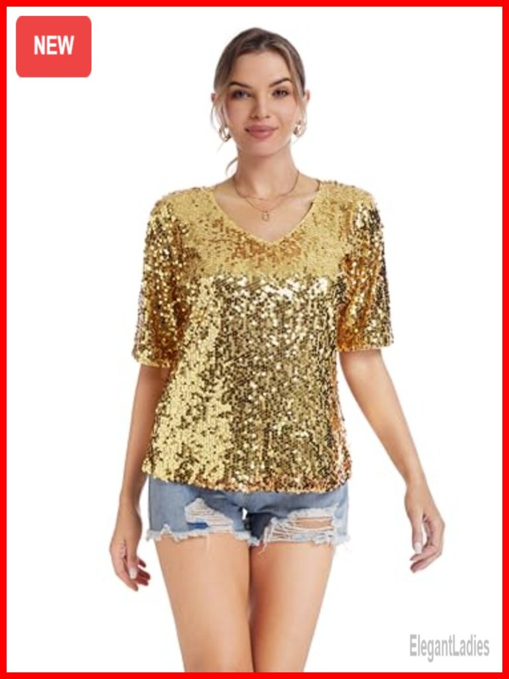 Sequin V Neck Loose Half Sleeve Tunic Blouse